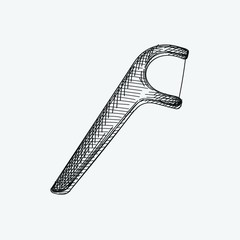 Hand-drawn sketch of Dental Floss Toothpick  on a white background. Dental instruments. Dentistry tools and equipment. Stomatology attributes