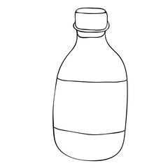Vector outline illustration of a black glass bottle with cork and label with copy space for medicine is on a white background