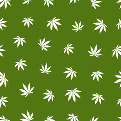 Cannabis seamless pattern. Marijuana leaf, white weed plant. Hashish texture, isolated green background. Hemp psychedelic grass. Fabric print for medical wallpaper. Simple design Vector illustration