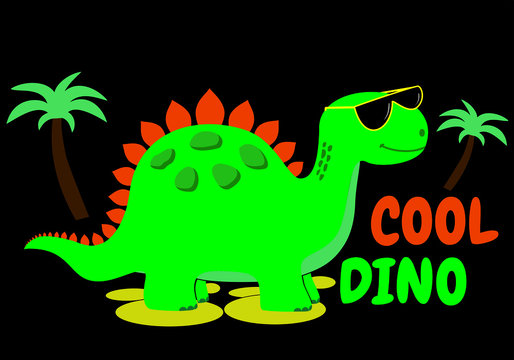 Cool dinosaur. Vector template for design T-shirts. Fashion graphic for apparel. Character image dino for children's magazines and preschool institutions. Dinosaur in sunglasses on black background