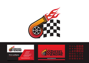 Turbocharger diesel flame finish flag logo business card template vector