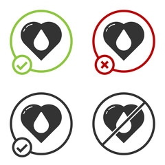 Black Heart with water drop icon isolated on white background. Circle button. Vector Illustration