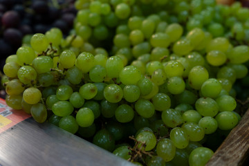 Green grapes on a store counter.