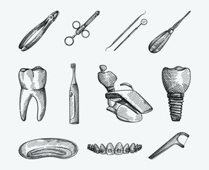 Hand-drawn sketch set of Stomatology attributes. Tooth; floss toothpick; toothbrush; elevator; scaler, dental mirror, dental syringe, chair; medical plate; teeth and braces; tooth implant; forceps