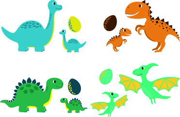 Set of funny dinosaurs for print. Adult, baby, egg. Vector template for design T-shirts. Fashion graphic for apparel. Character image dino for children's magazines and preschool institutions. Dinosaur