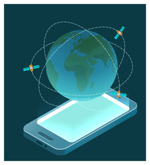Isometric illustration of smartphone, earth and communication satellite network. Stock vector. Globe connections network concept.