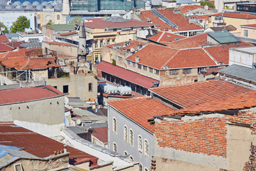 Astonishing view of Istanbul. Beautiful view of historic center of Istanbul. Rainy morning landscape. Roofs of buildings and minarets of mosque.