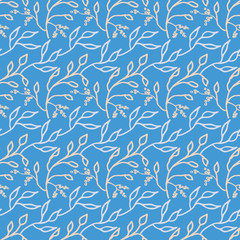 Light hand drawn branches seamless vector pattern on a blue background. Delicate surface print design. For fabrics, stationery, cards, backgrounds, packaging, and gift wrap paper.