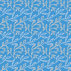 Light hand drawn branches seamless vector pattern on a blue background. Delicate surface print design. For fabrics, stationery, cards, backgrounds, packaging, and gift wrap paper.