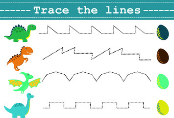 Trace line worksheet for kids with funny dinosaurus and eggs. Practicing fine motor skills. Educational game for preschool kids. Vector illustration.