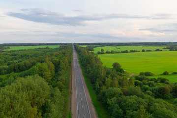 Road in the colored summer forest aerial view