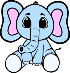 Cute elephant sitting and smiling on a white background. Funny animal in cartoon style. Vector illustration.