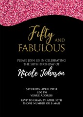 Fifty and Fabulous. Birthday party vector printable invitation card with golden glitter elements.