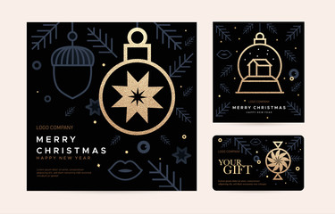 A set of luxury gold holiday decorations in abstract contour art style.  Includes a balloon, confetti and a Christmas glass balloon. New Year's design template.