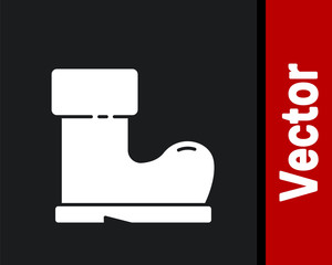 White Waterproof rubber boot icon isolated on black background. Gumboots for rainy weather, fishing, gardening.  Vector Illustration