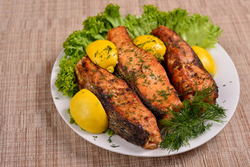 fried fish with lettuce and lemon, concept for restaurant menu