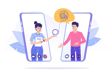 Online psychotherapy concept. Female psychotherapist helping patient by video call through smartphone. Man talking to psychologist. Psychological counseling services. Isolated vector illustration