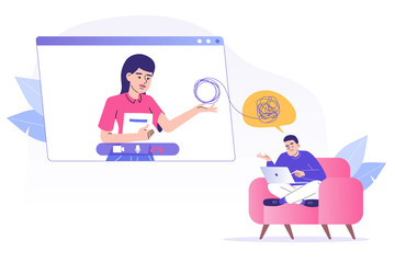 Online psychotherapy concept. Female psychotherapist helping patient by video call. Man talking to psychologist. Psychological counseling services. Therapy session. Isolated modern vector illustration