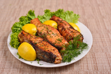fried fish with lettuce and lemon, concept for restaurant menu