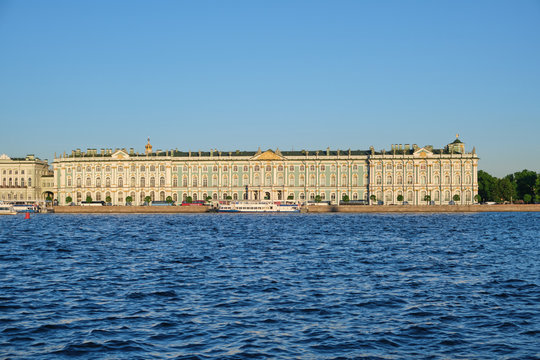 ST. PETERSBURG, RUSSIA - MAY, 2019: View Winter Palace in Saint Petersburg from Neva river. Russia