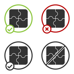 Black Piece of puzzle icon isolated on white background. Business, marketing, finance, template, layout, infographics, internet concept. Circle button. Vector Illustration