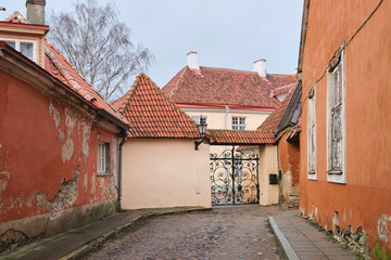 Old medieval streets of Tallinn, Baltic tourism center.