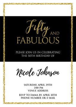 Fifty And Fabulous. Birthday Party Vector Printable Invitation Card With Golden Glitter Elements.