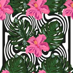 Deurstickers Print summer exotic jungle plant tropical palm leaves and flower red hibiscus. Pattern, seamless floral © MichiruKayo