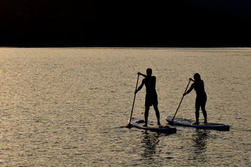 Sup boarding couple on sunset