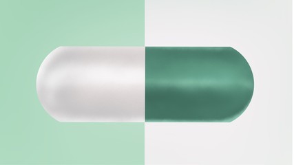 Medicine pill on green and  white background, virus infections prevention and protection concept, 3d illustration