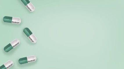 Covid-19 coronavirus medicine pills on green background, virus infections prevention and protection concept, 3d illustration