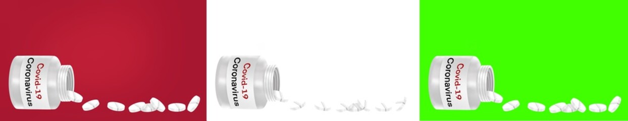 Covid-19 coronavirus pills spilling out from coronavirus pill bottle on red, white, green  background, virus infections prevention and protection concept, 3d illustration