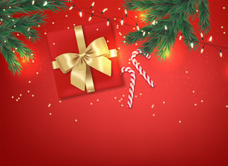 Merry Christmas, decorative design elements, winter banner, celebration background, realistic lights,christmas candy, red gift with bow and fir branches vector