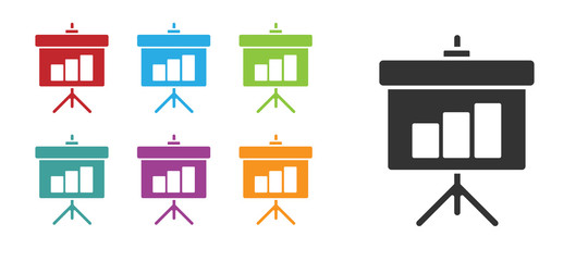 Black Presentation board with graph, schedule, chart, diagram, infographic, pie graph icon isolated on white background. Set icons colorful. Vector Illustration