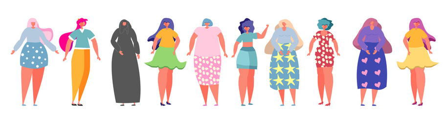 Set of diverse women,girl power, feminism. Hand drawn. Flat style design. Concept, element for womens day card,