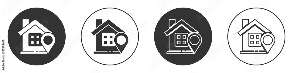 Poster black map pointer with house icon isolated on white background. home location marker symbol. circle 