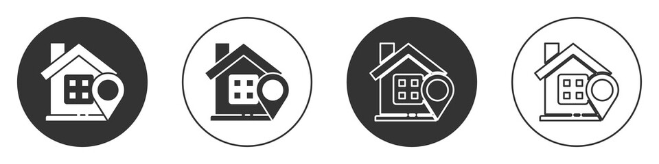 Black Map pointer with house icon isolated on white background. Home location marker symbol. Circle button. Vector Illustration