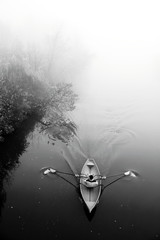 Man in boat in fog. Misty river. Black white photo. Autumn landscape