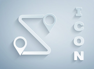 Paper cut Route location icon isolated on grey background. Map pointer sign. Concept of path or road. GPS navigator. Paper art style. Vector Illustration