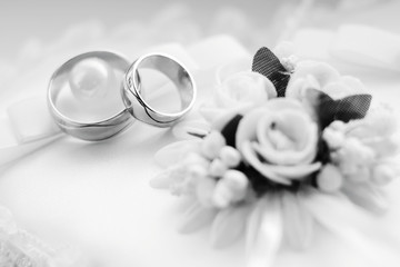Wedding rings. Holiday, celebration. Black white wed card