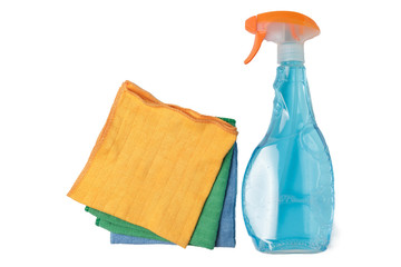Transparent plastic spray bottle with liquid cleaning agent and wipes for cleaning, blank, isolate on a white background
