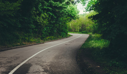 Beautiful narrow winding mountain road with trees and forest in the backgrounds during summer. 