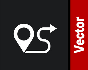 White Route location icon isolated on black background. Map pointer sign. Concept of path or road. GPS navigator.  Vector Illustration