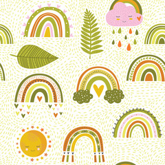 Vector seamless repeat pattern with sloppy thick hand drawn marker squiggly uneven rainbows in earthy indie modern mustard brown blush sage maroon colors half-drop on a cream ivory background