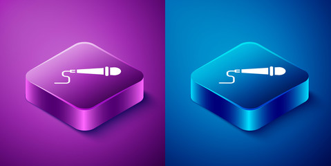 Isometric Microphone icon isolated on blue and purple background. On air radio mic microphone. Speaker sign. Square button. Vector Illustration