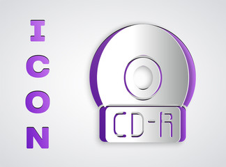 Paper cut CD or DVD disk icon isolated on grey background. Compact disc sign. Paper art style. Vector Illustration
