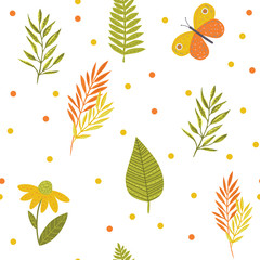 Fototapeta premium A seamless leaf pattern. Flower, leaves, polka dot in autumn color,