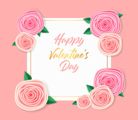 Happy Valentine's Day, realistic rose, pink banner, love card, wedding invitation, paper flower, sale background vector illustration
