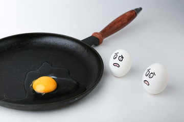 conceptual photo of a fear. frightened eggs are looking at the pan