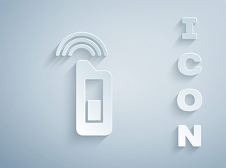 Paper cut Car key with remote icon isolated on grey background. Car key and alarm system. Paper art style. Vector Illustration